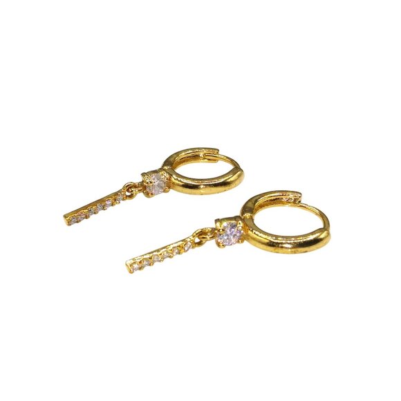 Gold Tone Huggie Hoop Earrings with Vertical Bar Crystal Channel Drop - Picture 2 of 5